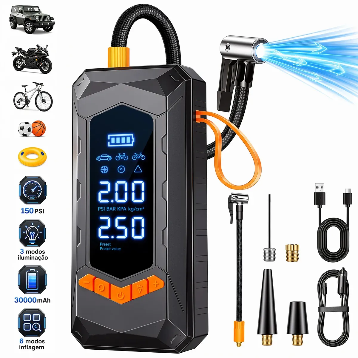 Compressor De Ar Portátil Digital 150PSI Com Calibrador De Pneus Portátil,6 Modos De Inflação Luz De Emergência 3 Modos Para Carro Moto Bicicleta